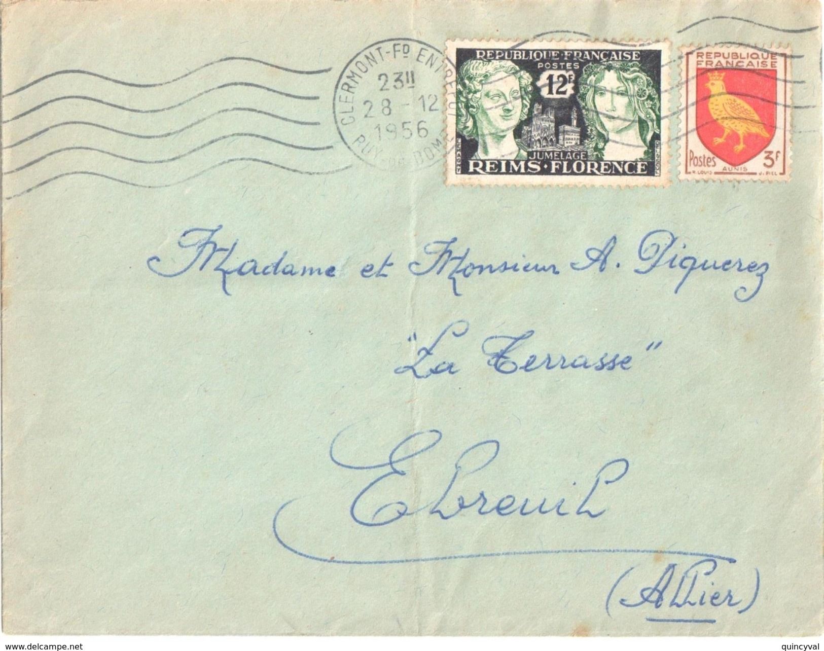 3870 CLERMONT FERRAND Lettre 12 F Reims Florence 3 F Blason Aunis Yv  1004 1061 Ob 28 12 1956 - Storia Postale