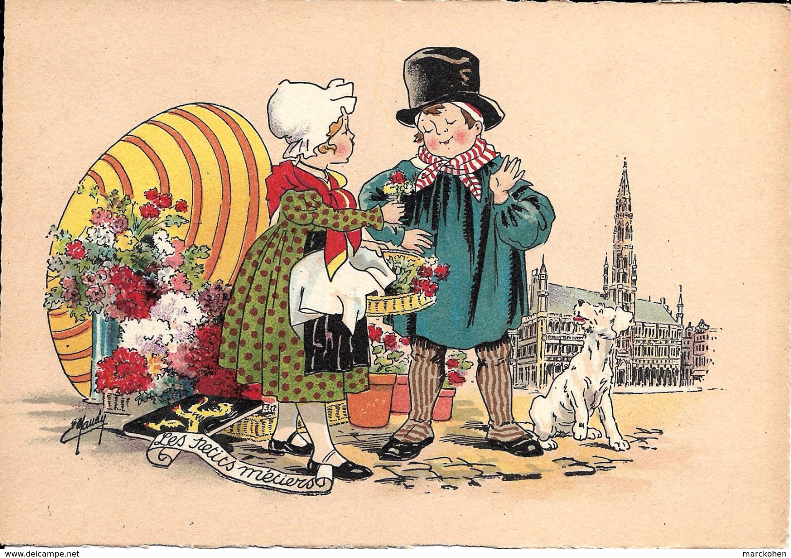 BRUXELLES (1000) : La Marchande De Fleurs, Son Amoureux Et Son Chien Devant L'Hôtel De Ville (dessin De E. Naudy). CPSM. - Artigianato