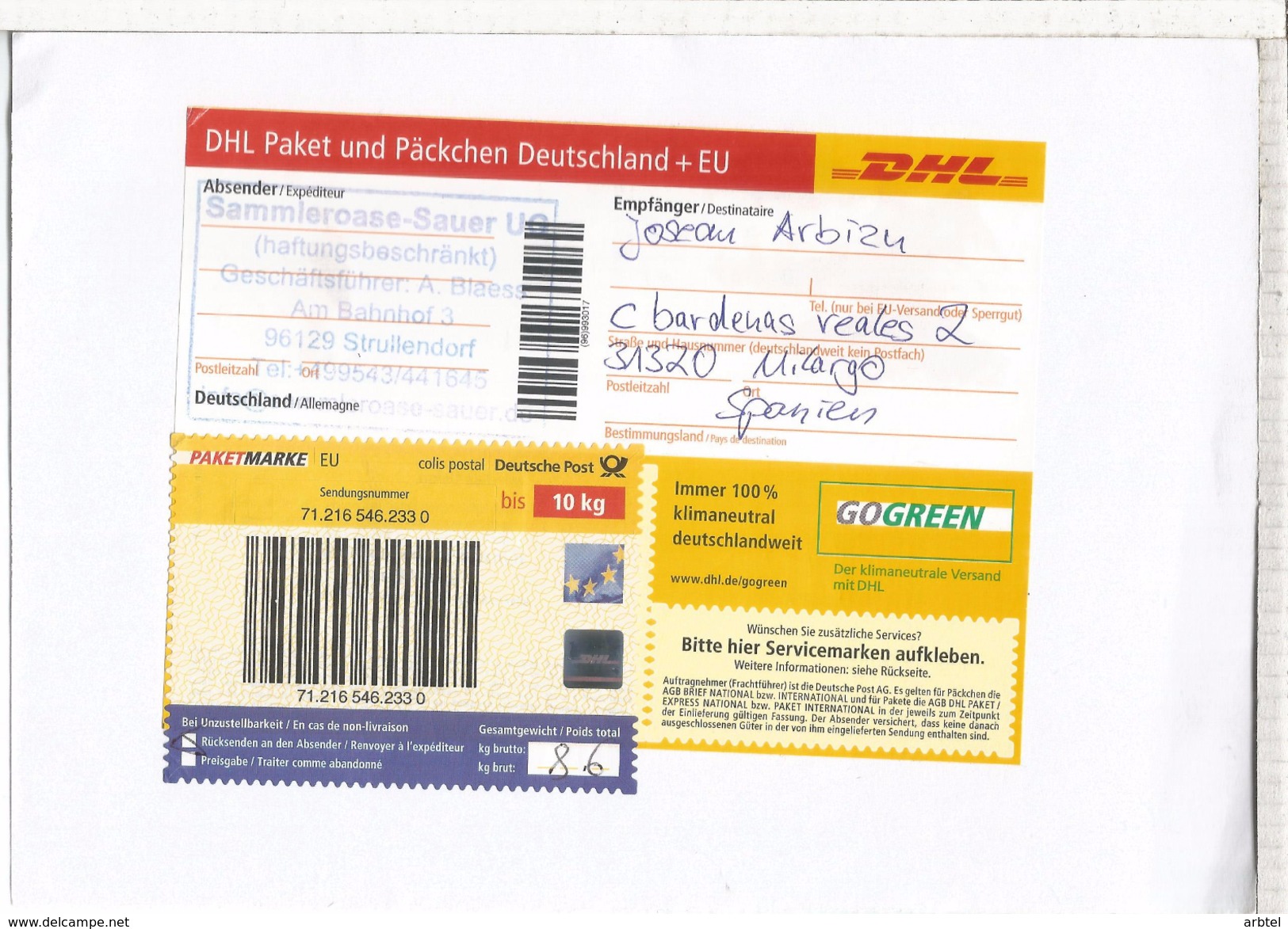 ALEMANIA DHL LABEL BIS 10 KG PAQUETE - Lettres & Documents