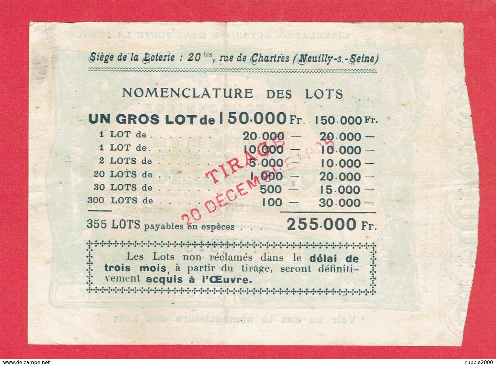 BILLET DE LOTERIE 1906 SOCIETE MATERNELLE LA POUPONNIERE 20 RUE DE CHARTRES A NEUILLY SUR SEINE HAUTS DE SEINE - Billets De Loterie