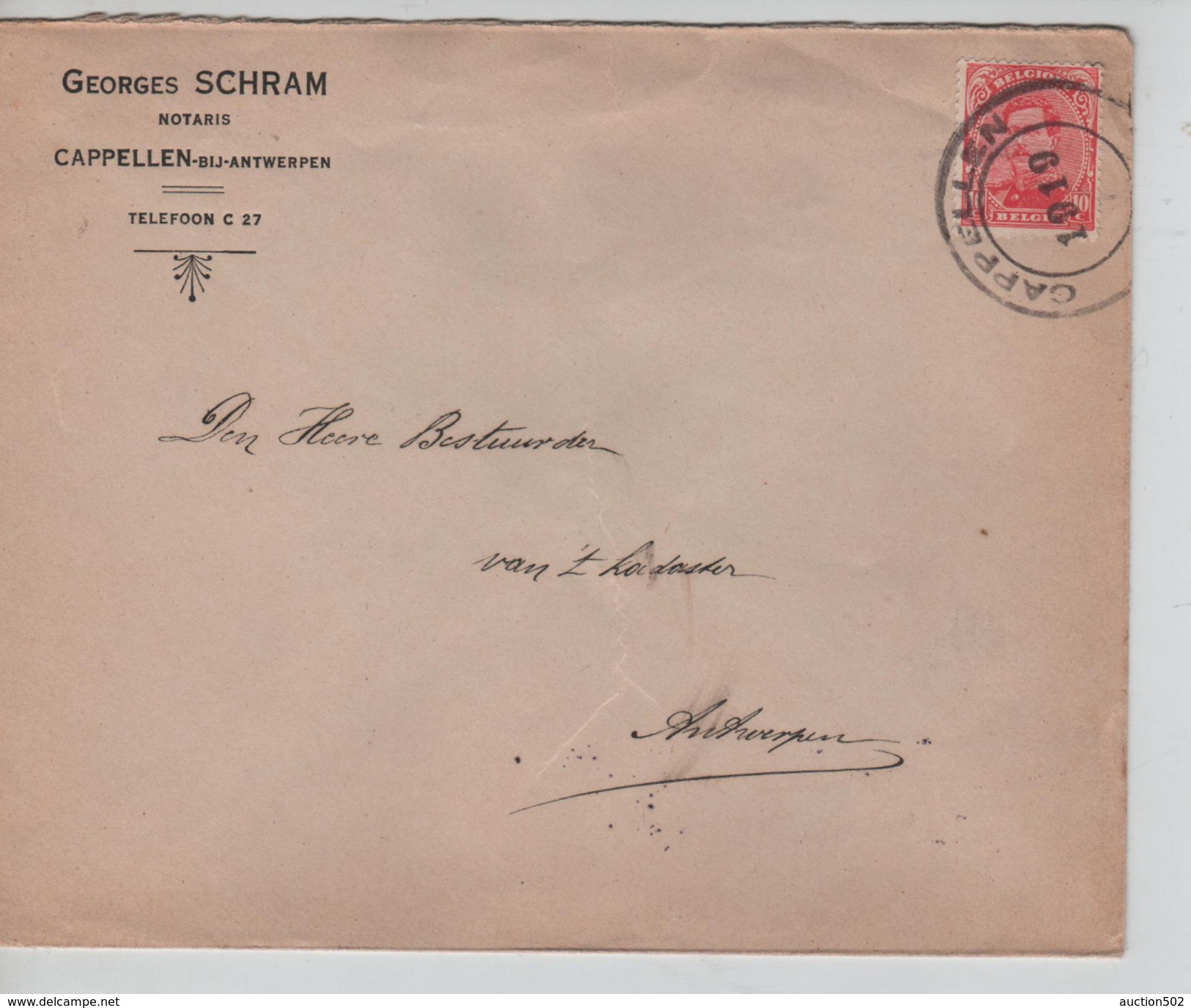 TP138 S/L.de Fortune Georges Schram Notaris C.Cappellen En 1919 V.Antwerpen C.d'arrivée 22/1/1919 PR4583 - Fortune Cancels (1919)