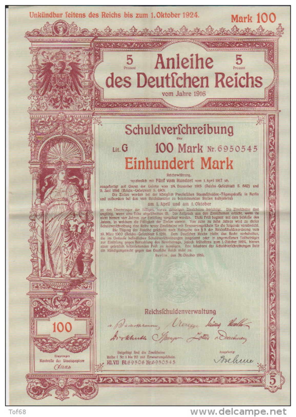 Action 1916 Anleihe Des Deutschen Reichs 100 Mark - D - F