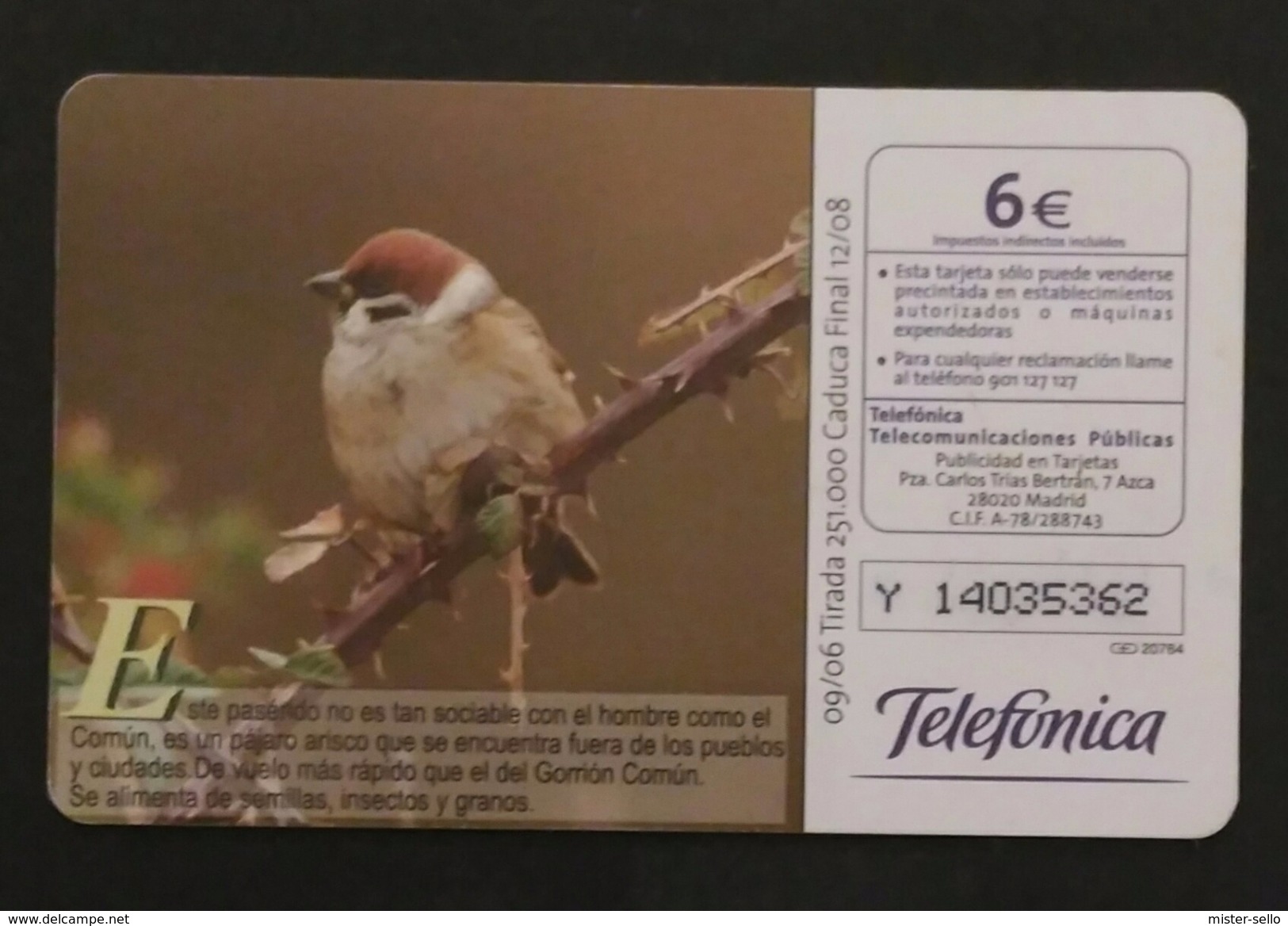 TARJETA TELEFONICA. FAUNA IBÉRICA - GORRION MOLINERO. USADO - USED. - Basic Issues