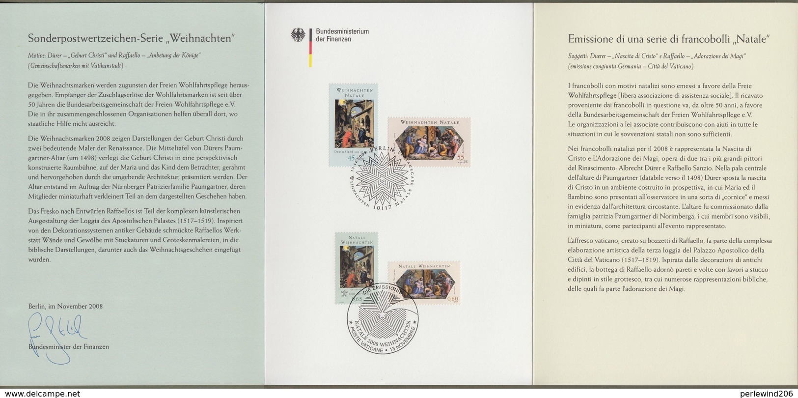 Bund + Vatikan: Minister Card - Ministerkarte, Mi-Nr. 2703-04: " Weihnachten " ; Joint Issue Gemeinschaftsausgabe R X - Covers & Documents