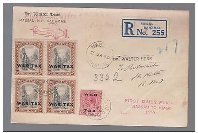 1930 Bahamas First Flight Cover To St. Kitts FFC Via Miami San Juan Saint John - Other & Unclassified