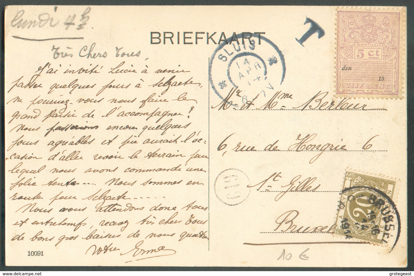 Carte Affranchie Des Pays-Bas (SLUIS L'écluse) D'un Timbre Fiscal à 5 Cent. + (à Côté) Dc SLUIS 14 Avril 1914  Et Taxée - Documents