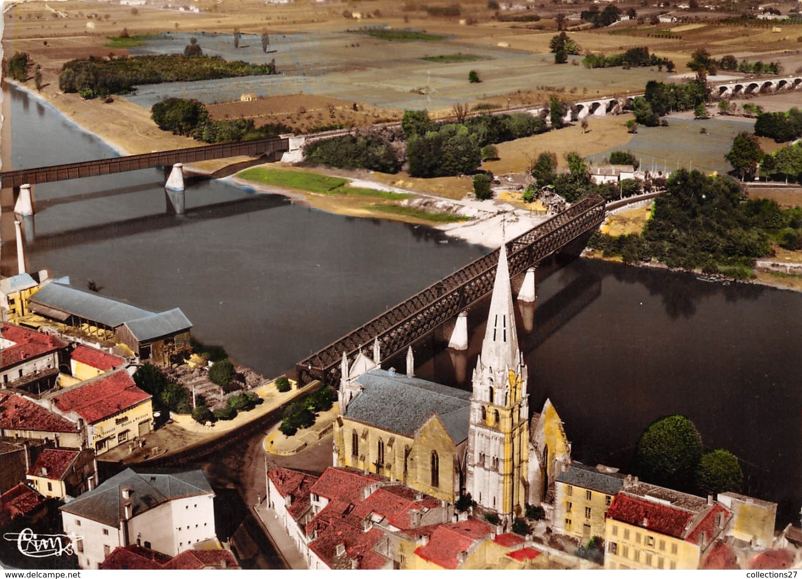 33-LANGON- L'EGLISE ET LES DEUX PONTS SUR LA GARONNE , VUE AERIENNE - Langon