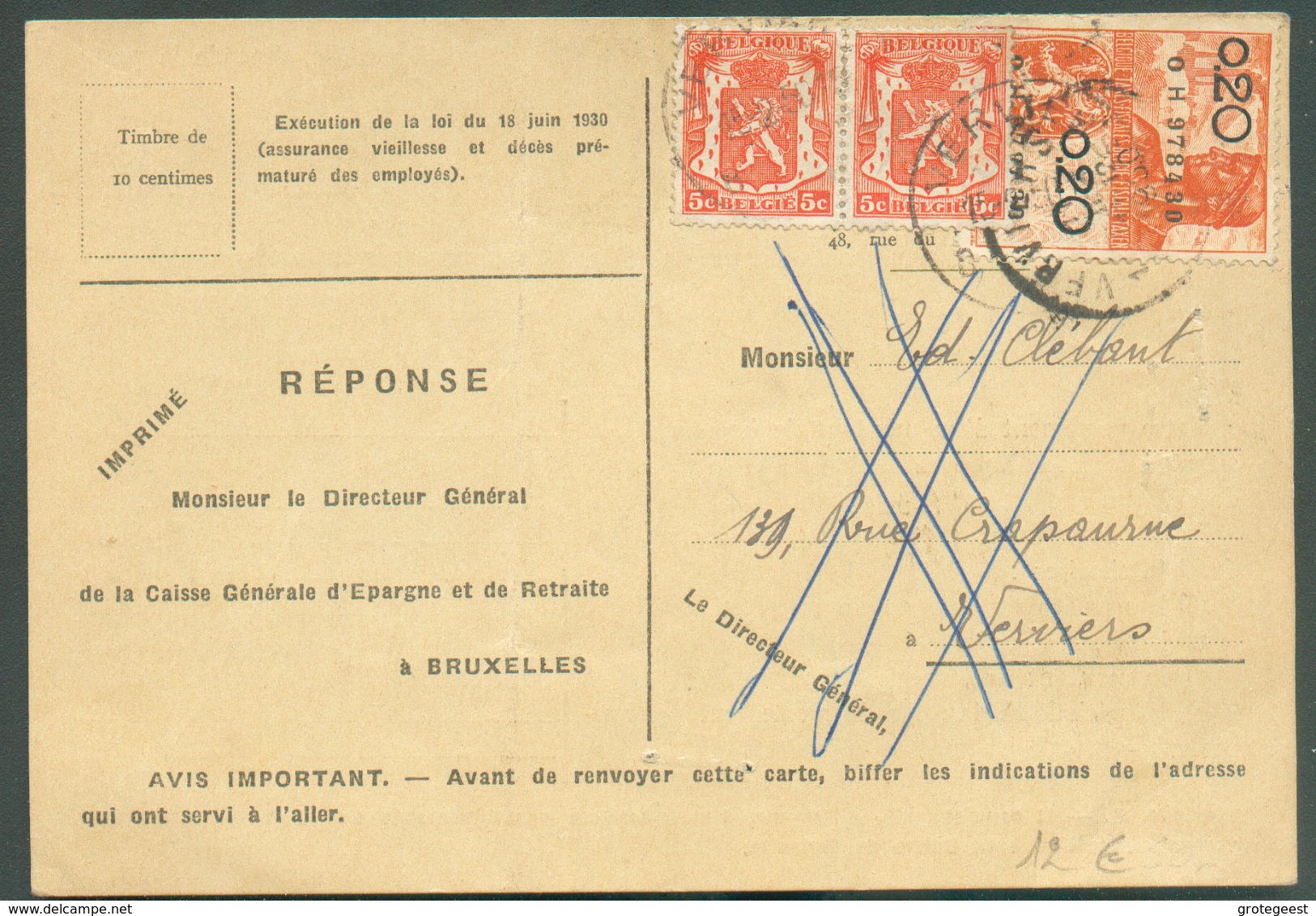 Carte Affranchie D'un Timbre Fiscal à 20 Centimes + 2 Timbres Obl. Sc VERVIERS 15-II-1949 .  Original Et TB 11769 - Documenti