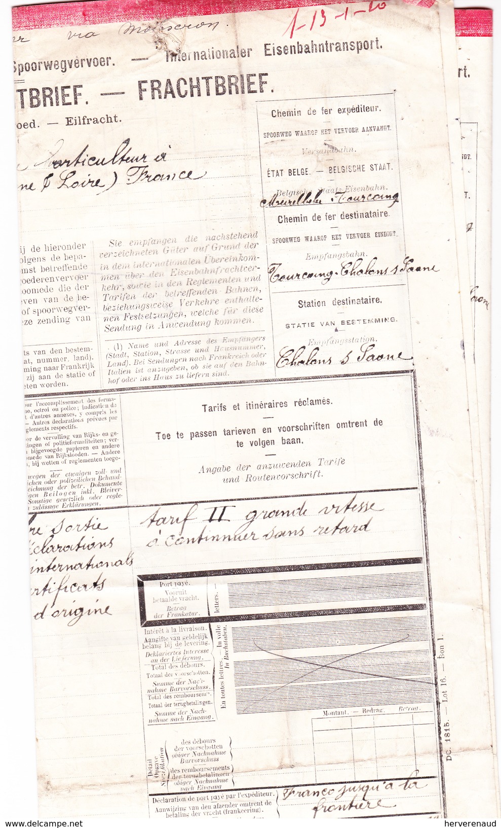 Lettre De Voiture Des Chemins De Fer, De Meirelbeke à Chalon-sur-Saône (1919) - Transport