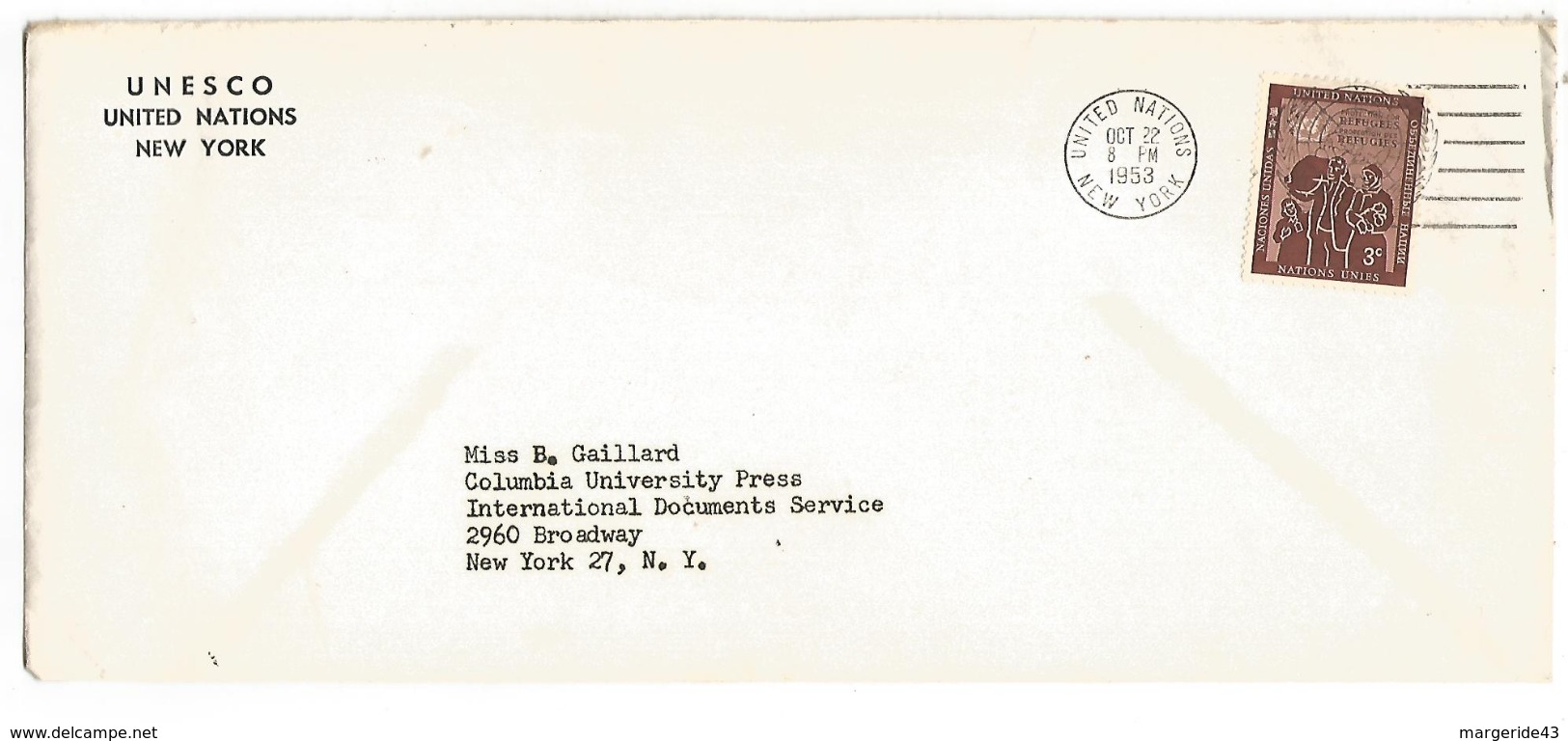ONU NEW YORK LETTRE DU 22/10/1953 - Lettres & Documents