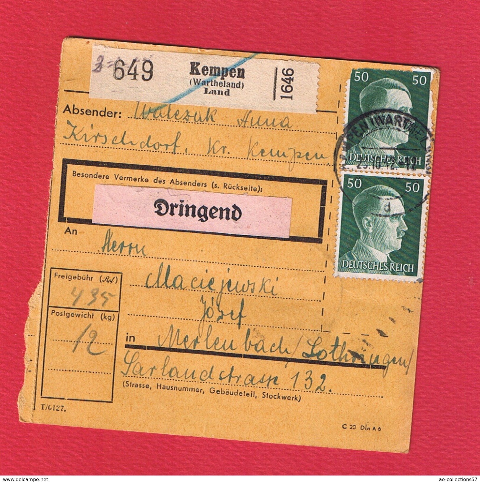 Colis Postal  --  Départ Kempen  --  02/11/1942 - Lettres & Documents