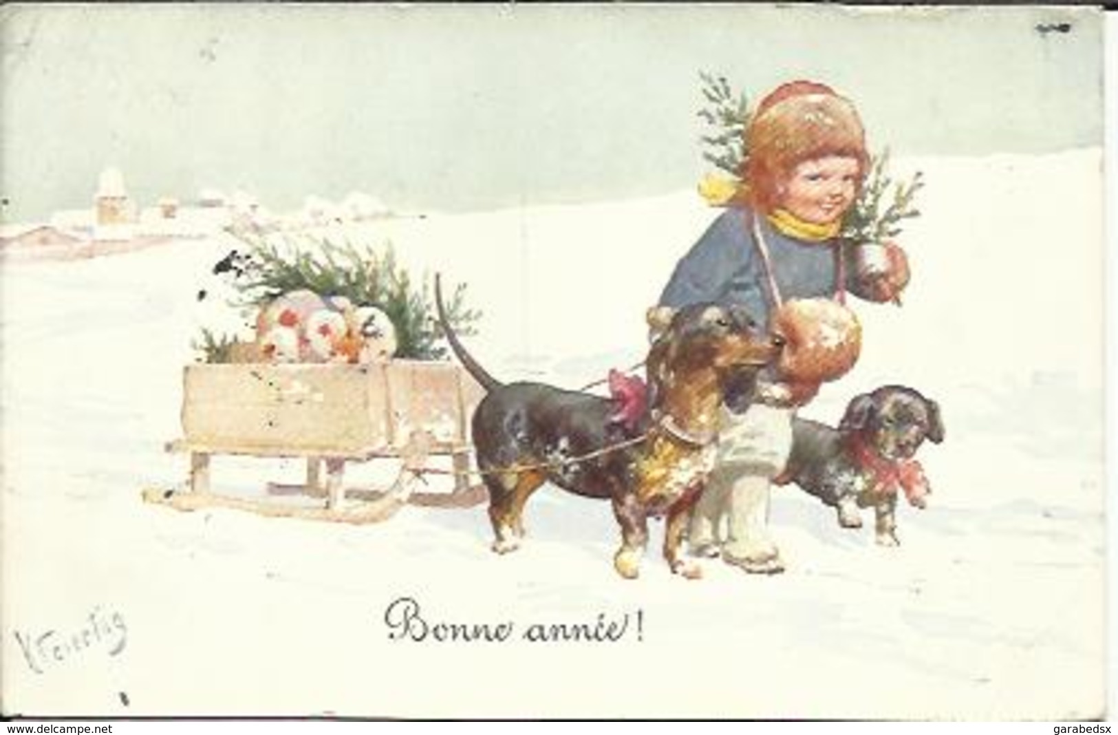 CPA Illustrée Par F. FEIERTAG - Jeune Garçon Et Chiots Tirant Une Luge. - Feiertag, Karl