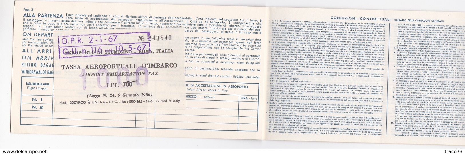 ALITALIA _ 1967 /   Ticket _ Biglietto Aereo ( Palermo - Tunisi AR ) _ Tassa Aeroportuale D'imbarco Da Lire 1000 - Wereld