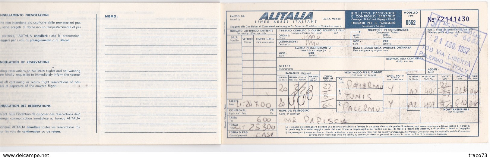 ALITALIA _ 1967 /   Ticket _ Biglietto Aereo ( Palermo - Tunisi AR ) _ Tassa Aeroportuale D'imbarco Da Lire 1000 - Welt