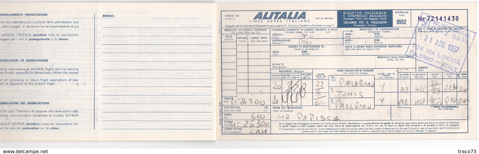 ALITALIA _ 1967 /   Ticket _ Biglietto Aereo ( Palermo - Tunisi AR ) _ Tassa Aeroportuale D'imbarco Da Lire 1000 - World