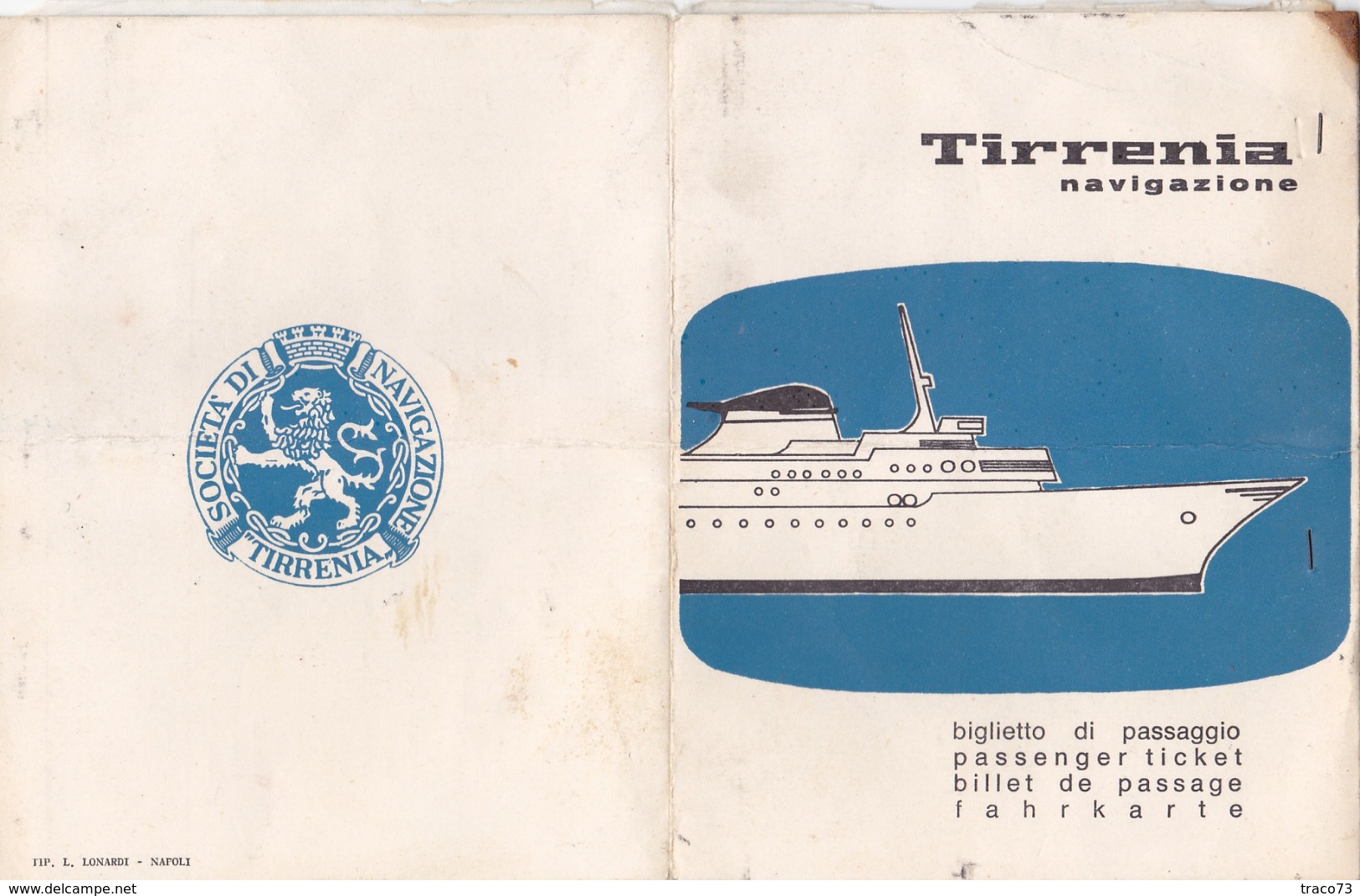 NAVE  " CITTA' DI TUNISI  " /   Ticket _ Biglietto  ( Palermo - Napoli  ) _ 22.8.1969 - Monde