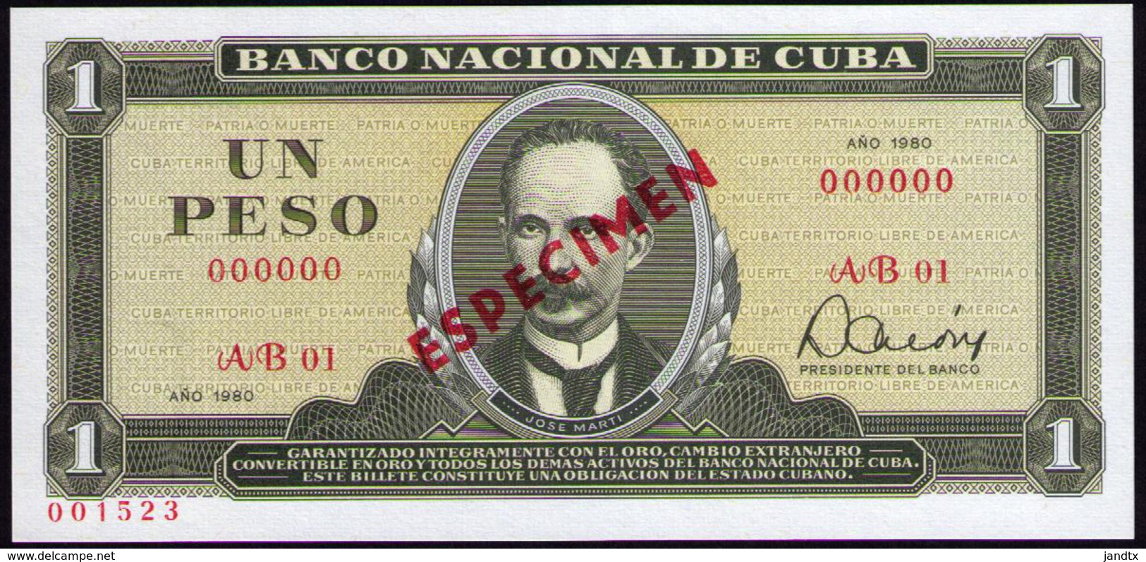 CUBA 1 PESO 1980 SPECIMEN - Cuba