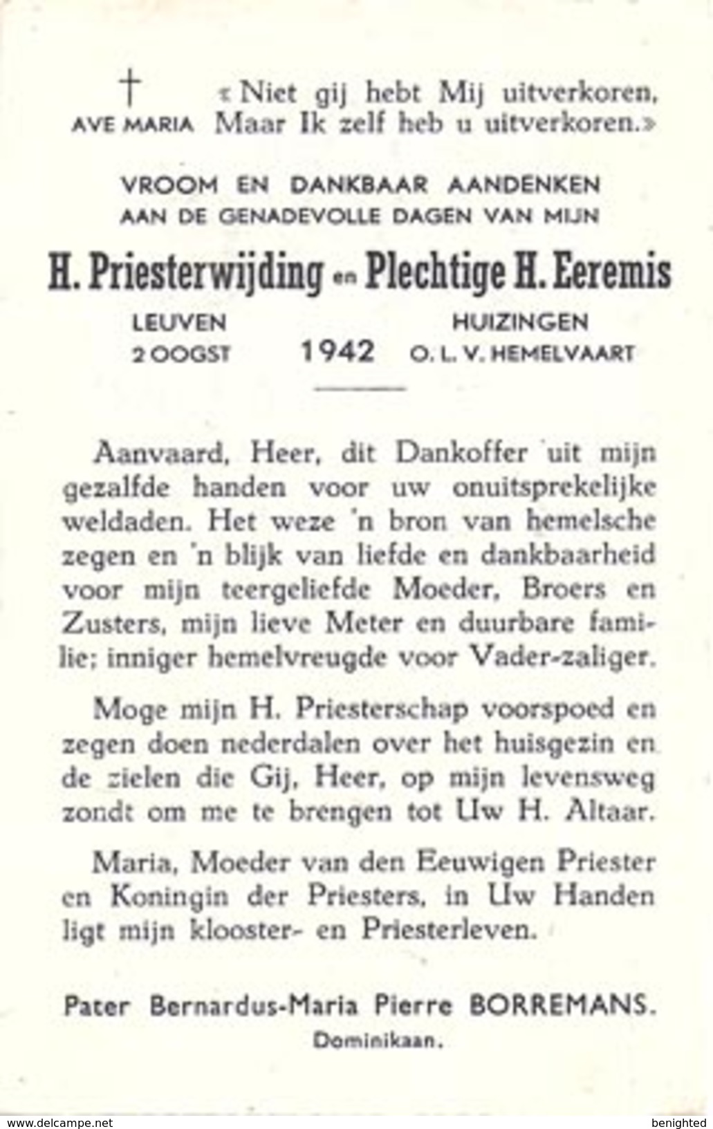 Aandenken Priesterwijding Te Leuven En Plechtige Eremis Te Huizingen - Pastoor Borremans - Dominikaan - 1942 - Devotion Images