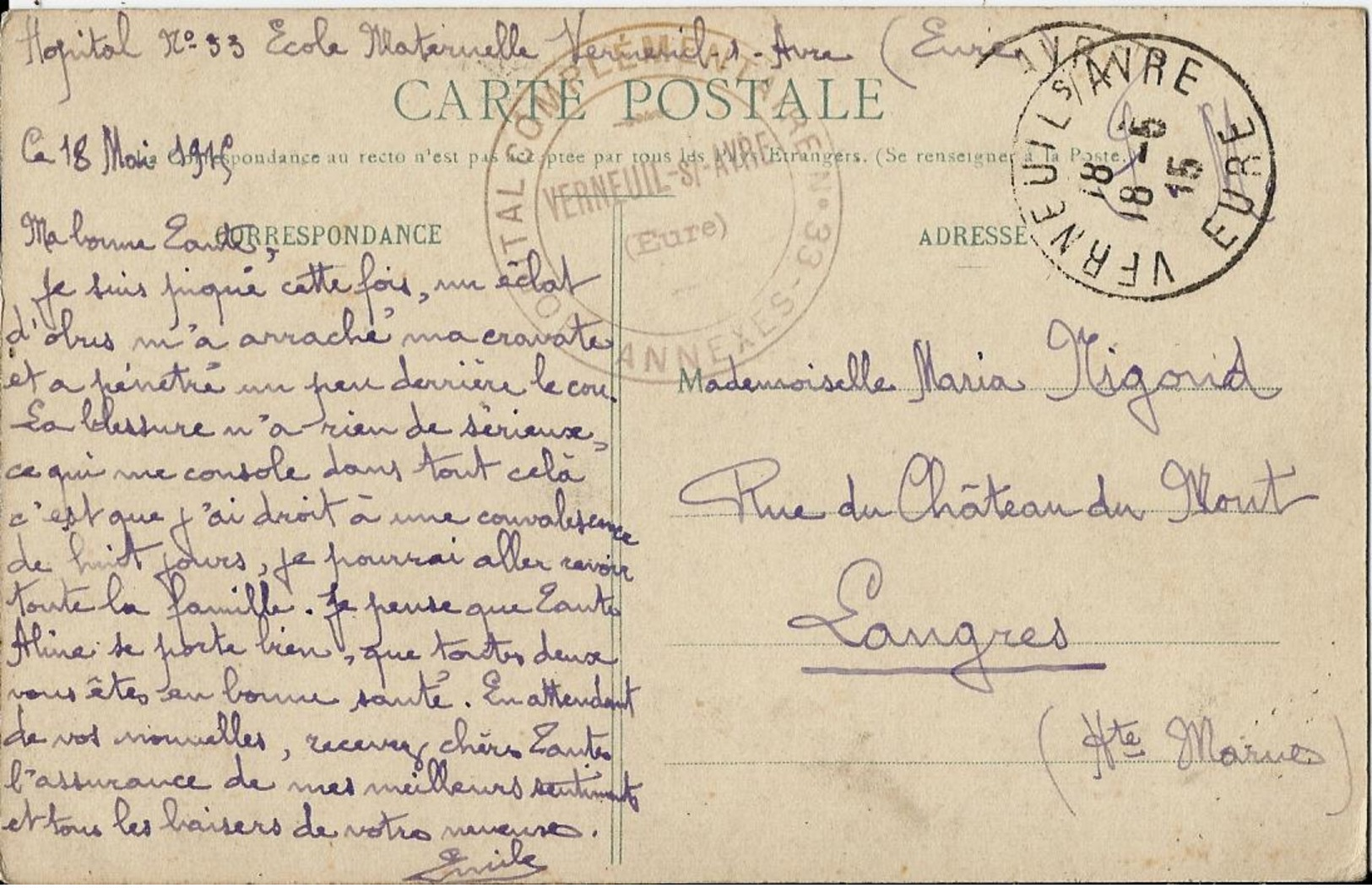 CPA - CACHET HOPITAL COMPLEMENTAIRE N°33 - VERNEUIL/s AVRE -OBLIT. 18/5/1915-VENANT D'UN POILU SUR SON ETAT DE SANTE - 1914-18