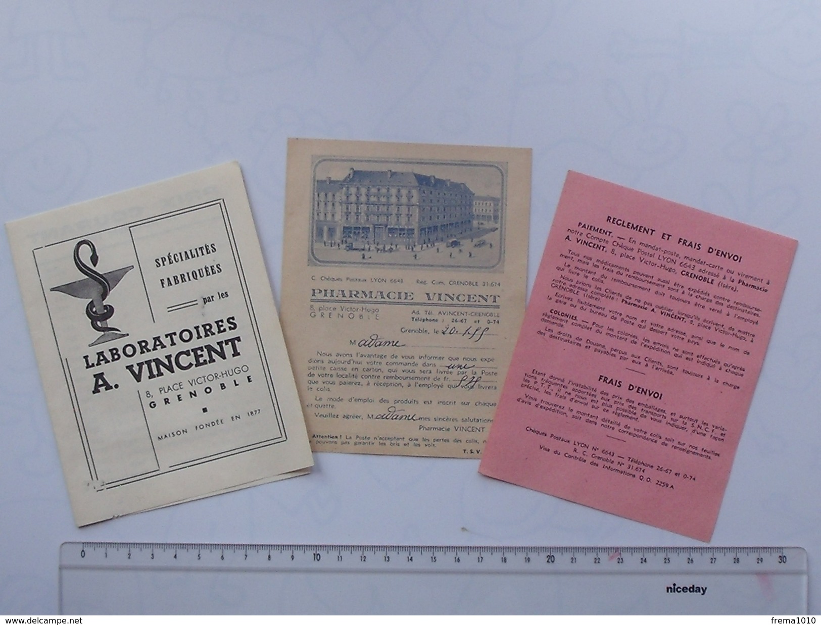 GRENOBLE Publicité 1952 Pharmacie VINCENT: Lot 3 Documents = Mini-catalogue + Commande + Règlement - Publicités