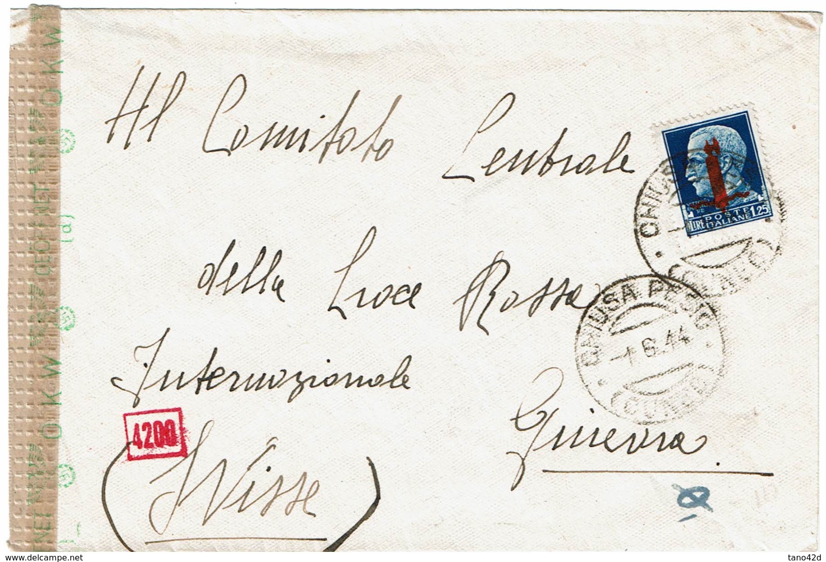 LCTN47/4- ITALIE RSI - IMPERIALE1L25 SUR LETTRE POUR LA CROIX ROUGE GENEVE DEPART CHIUSA JUIN 1944 CENSURE - Storia Postale