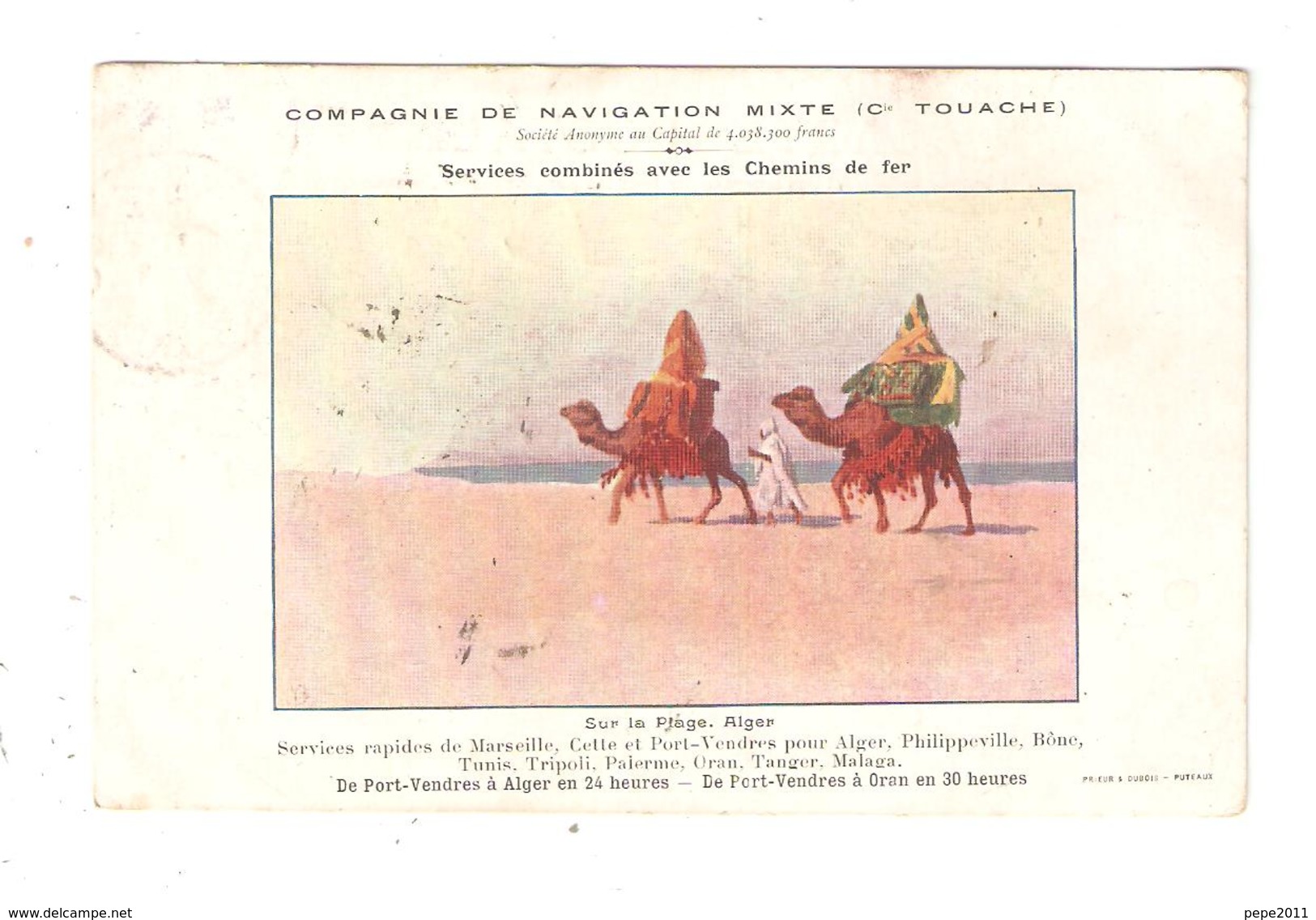 CPA  Publicitaire Compagnie De Navigation Mixte Touache Illustration Sur La Plage D'Alger Chameaux 1909 - Autres & Non Classés