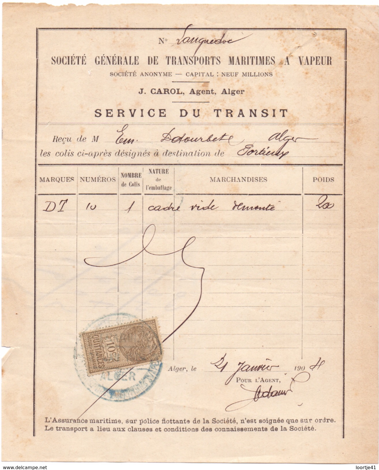 SA Transport Maritimes à Vapeur - Service Du Transit - Alger - Portieux - 1904 - Autres & Non Classés