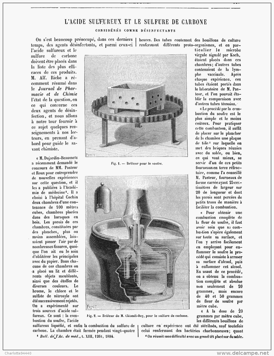 L'ACIDE SULFUREUX Et Le SULFURE DE CARBONE Considérés Commme Desinfectants   1885 - Autres & Non Classés