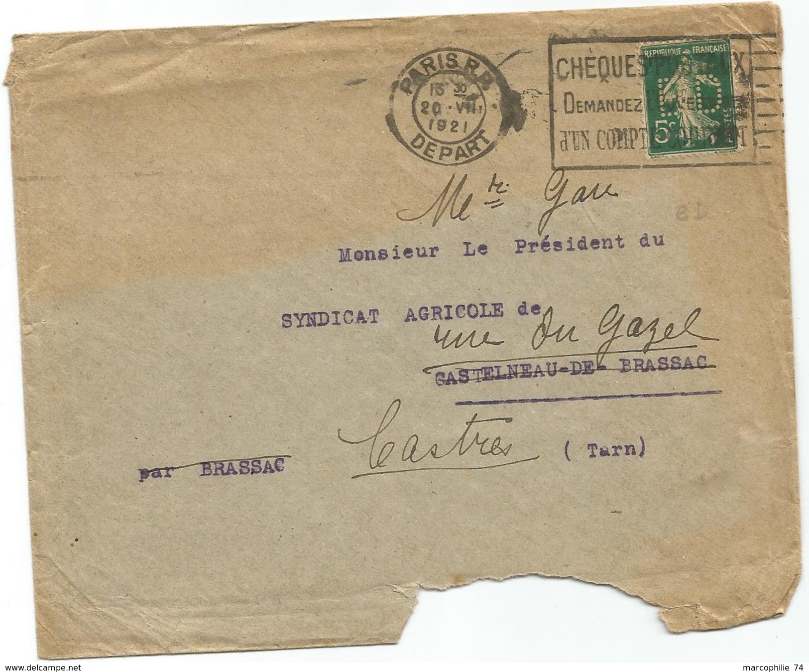 SEMEUSE 5C PERFORE BD LETTRE MAL OUVERTE DEFAUT STE COM BAIGNIERES DEWISME PARIS 1921 - Other & Unclassified