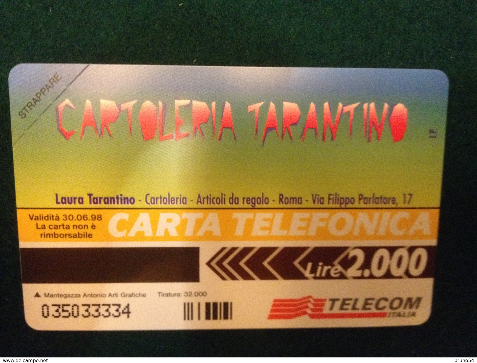 Scheda Telefonica Golden 303 Cartoleria Tarantino Roma Nuova Da Lire 2000  A Tiratura  22.000 - Privées Rééditions