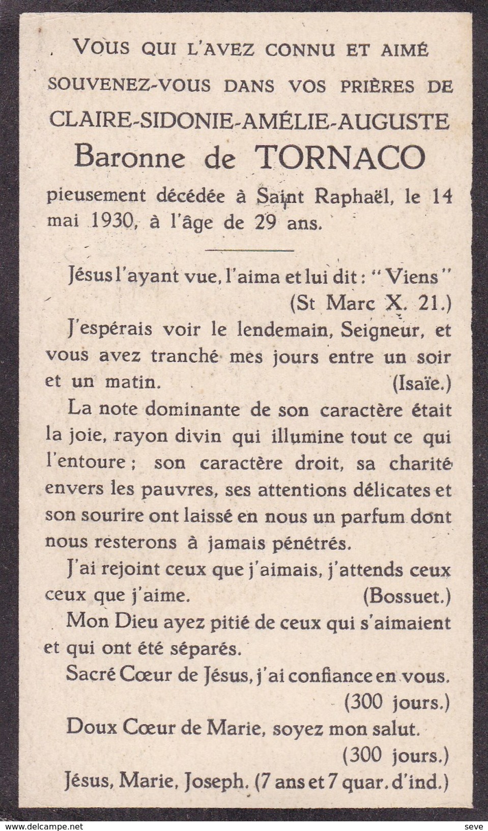 LIEGE SAINT-RAPHAEL Baronne Claire De TORNACO 29 Ans 1930 Souvenir Mortuaire Noblesse DP - Avvisi Di Necrologio