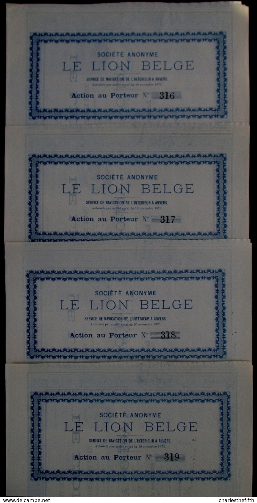 1872 RARE 4 ACTIONS Sur 1000 EMISSIONS * LE LION BELGE * SERVICE DE NAVIGATION DE L'INTERIEUR - Bateaux à Vapeur ANVERS - Transports