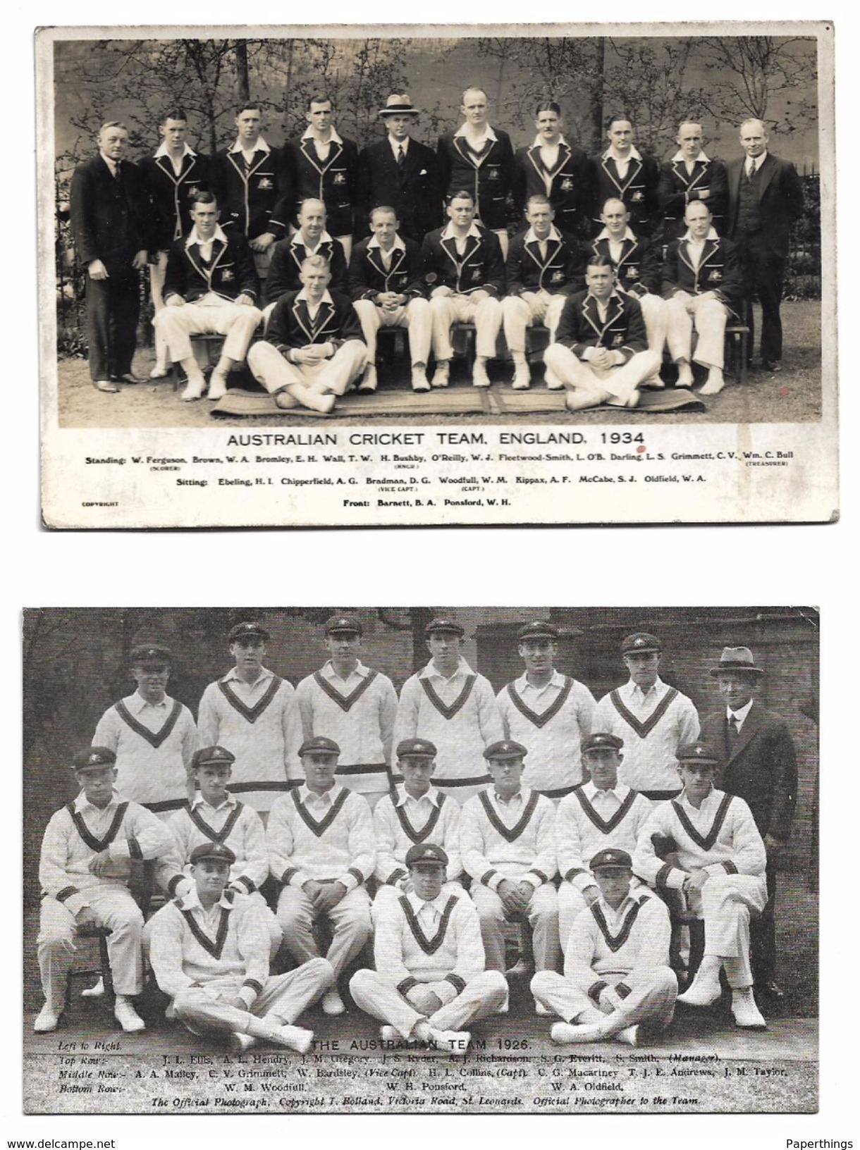 Two Postcards, Australian Cricket Team, 1934 Real Photograph, Don Bradman Etc, Plus The 1926 Australian Team. - Cricket