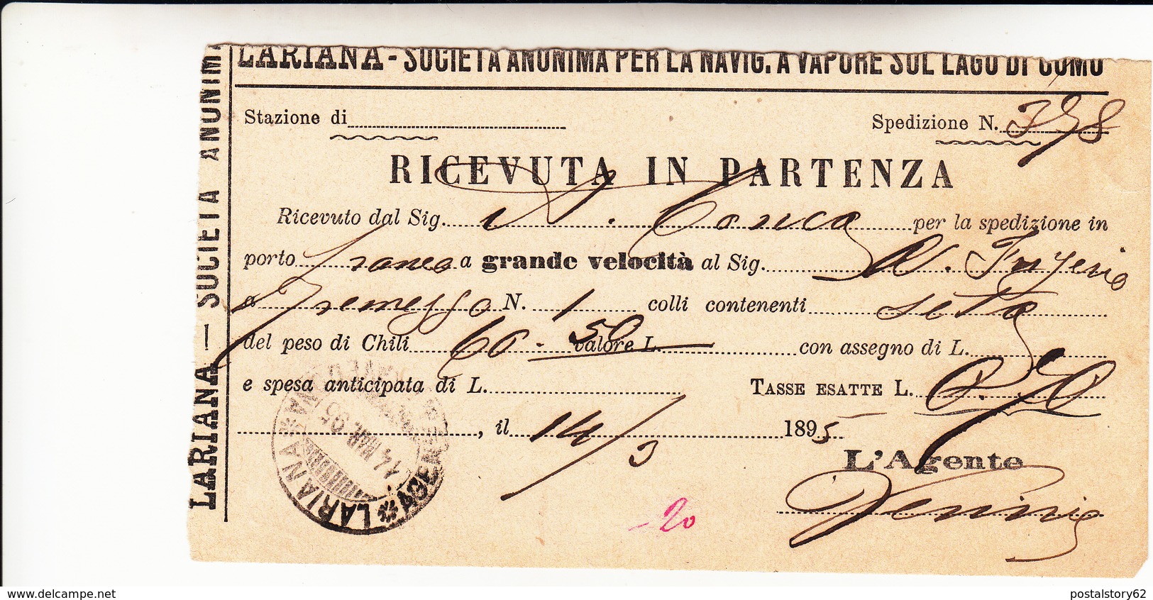 Ricevuta In Partenza. Società Anonima Per Navigazione A Vapore Sul Lago Di Como. Trasporto Di Seta A Gran Velocità 1895 - Altri & Non Classificati