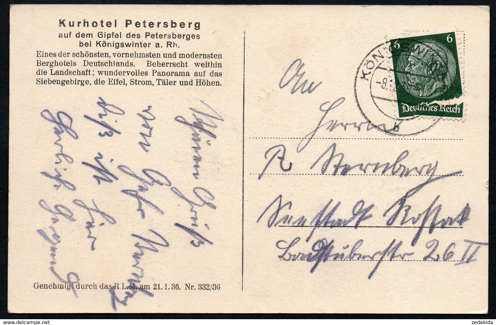 A3789 - Alte Ansichtskarte - Königswinter - Kurhotel Petersberg Mit Rheinterasse - Luftaufnahme Luftbild RLM - Gel 1939 - Koenigswinter