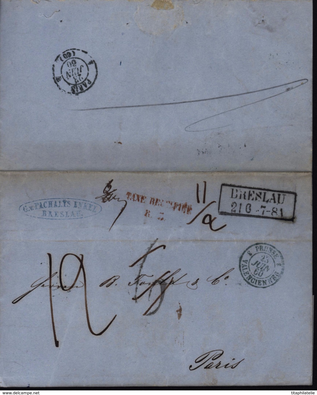 1860 CAD Prussien Breslau Allemagne Pologne Entrée Bleue Verte Prusse Valenciennes Taxe Rectifiée R3 Poids 11/2 Tarif MP - ...-1860 Prephilately