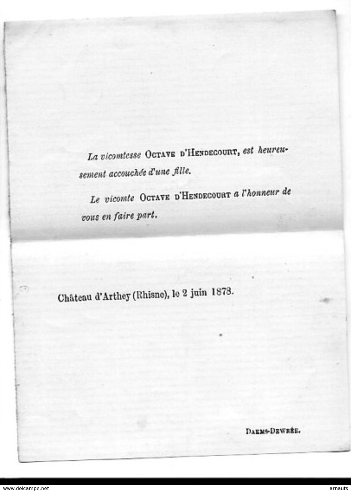 Naissance Fille Octave D'Hendecourt 2/6/1878 Château D'Arthey Rhisnes La Bruyère - Nacimiento & Bautizo