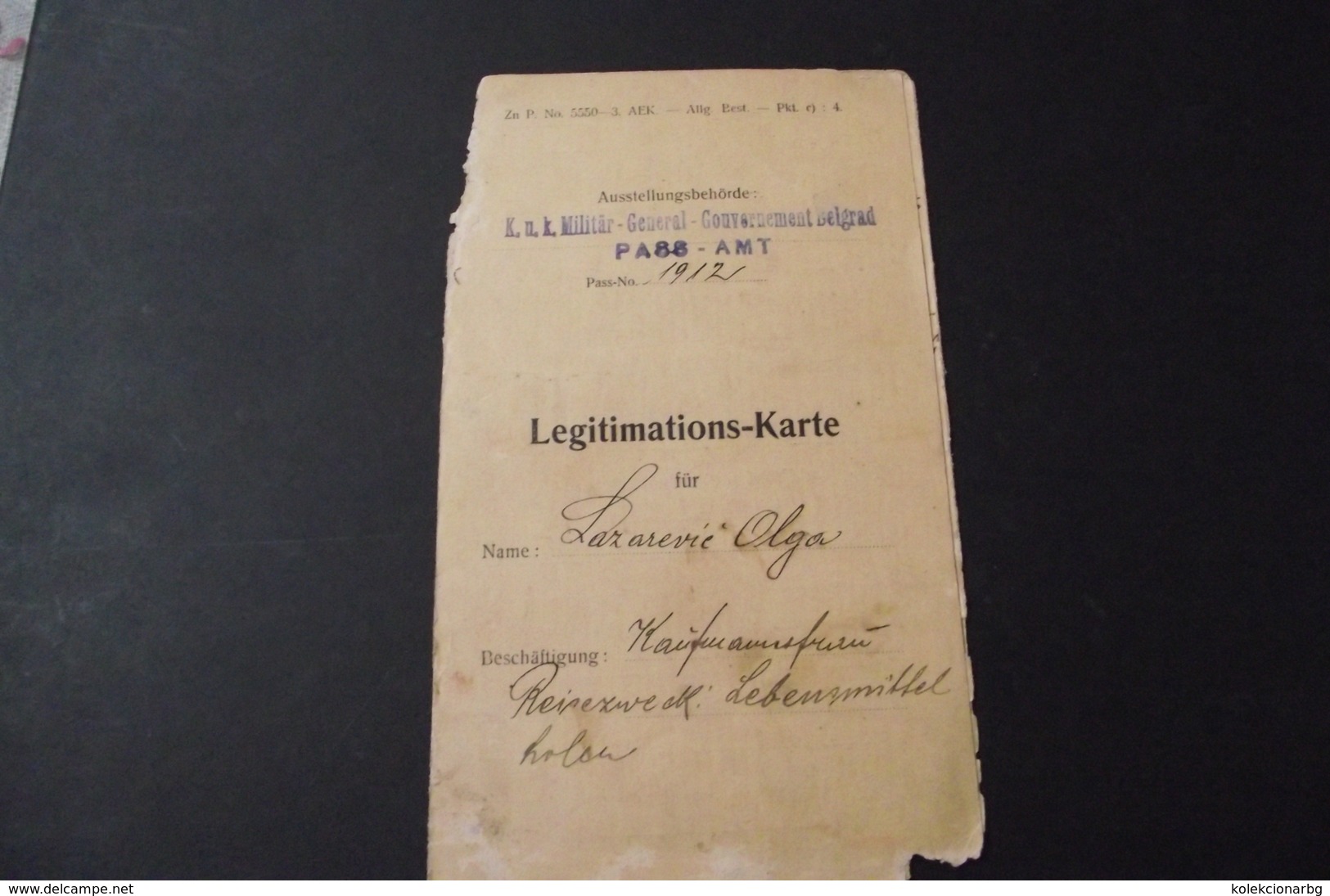 Austrian Legitimation  I W W  For Belgrade 1916. - Briefe U. Dokumente