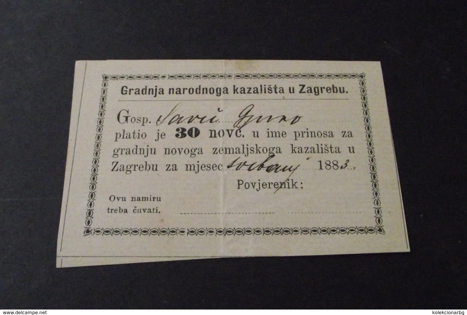 Gradnja Narodnog Kazalista U Zagrebu 1883.    Potvrda - Prefilatelia