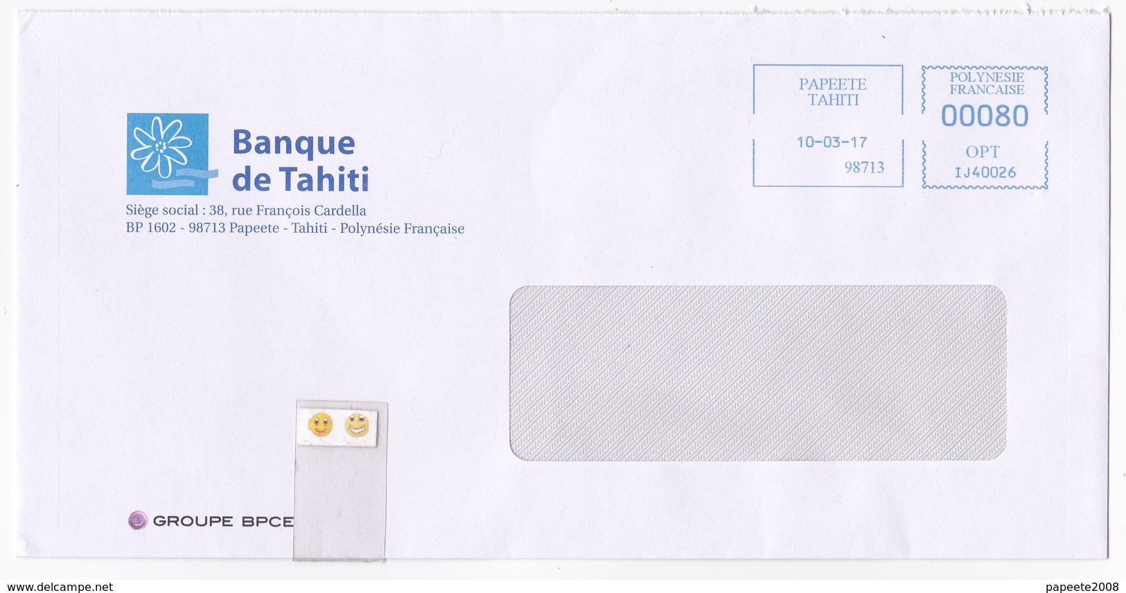 Polynésie Française / Tahiti - 1 Enveloppe De La Banque De Tahiti En Mars 2017 - Lettres & Documents