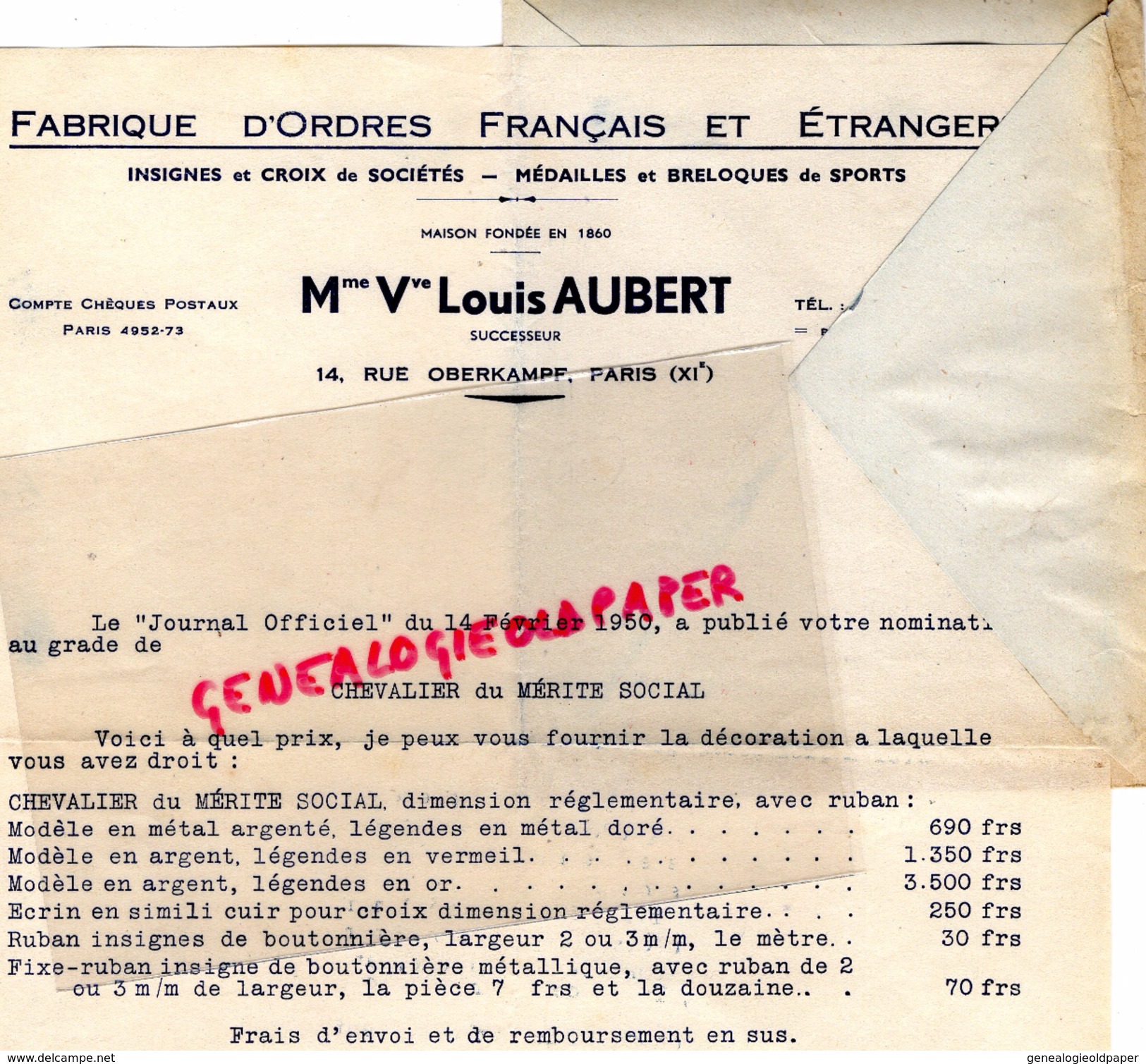 75- PARIS -FACTURE ET ENVELOPPE PUB- MME VVE LOUIS AUBERT-FABRIQUE D' ORDRES FRANCAIS ET ETRANGER- 14 RUE OBERKAMPF-1950 - 1950 - ...