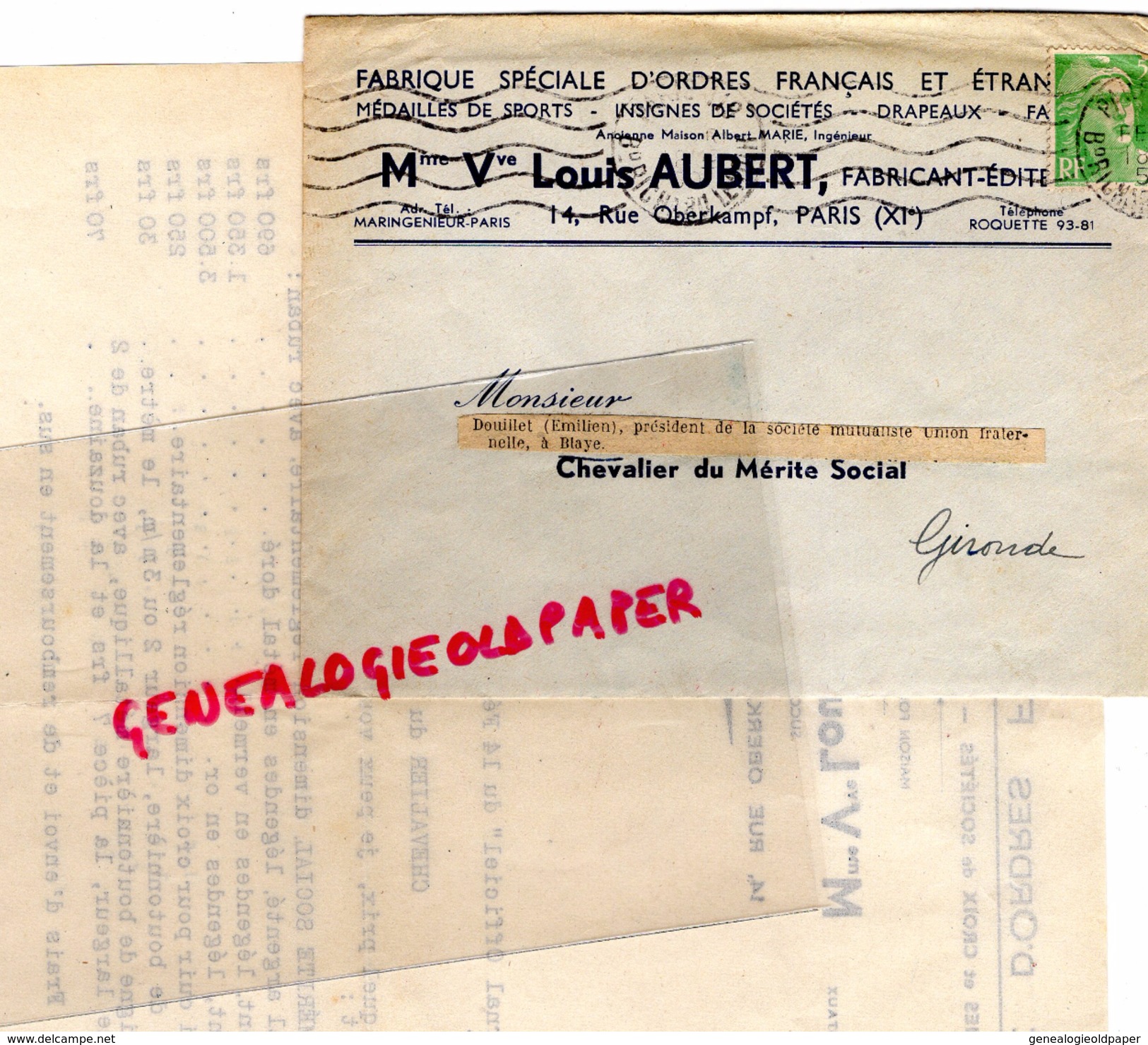 75- PARIS -FACTURE ET ENVELOPPE PUB- MME VVE LOUIS AUBERT-FABRIQUE D' ORDRES FRANCAIS ET ETRANGER- 14 RUE OBERKAMPF-1950 - 1950 - ...