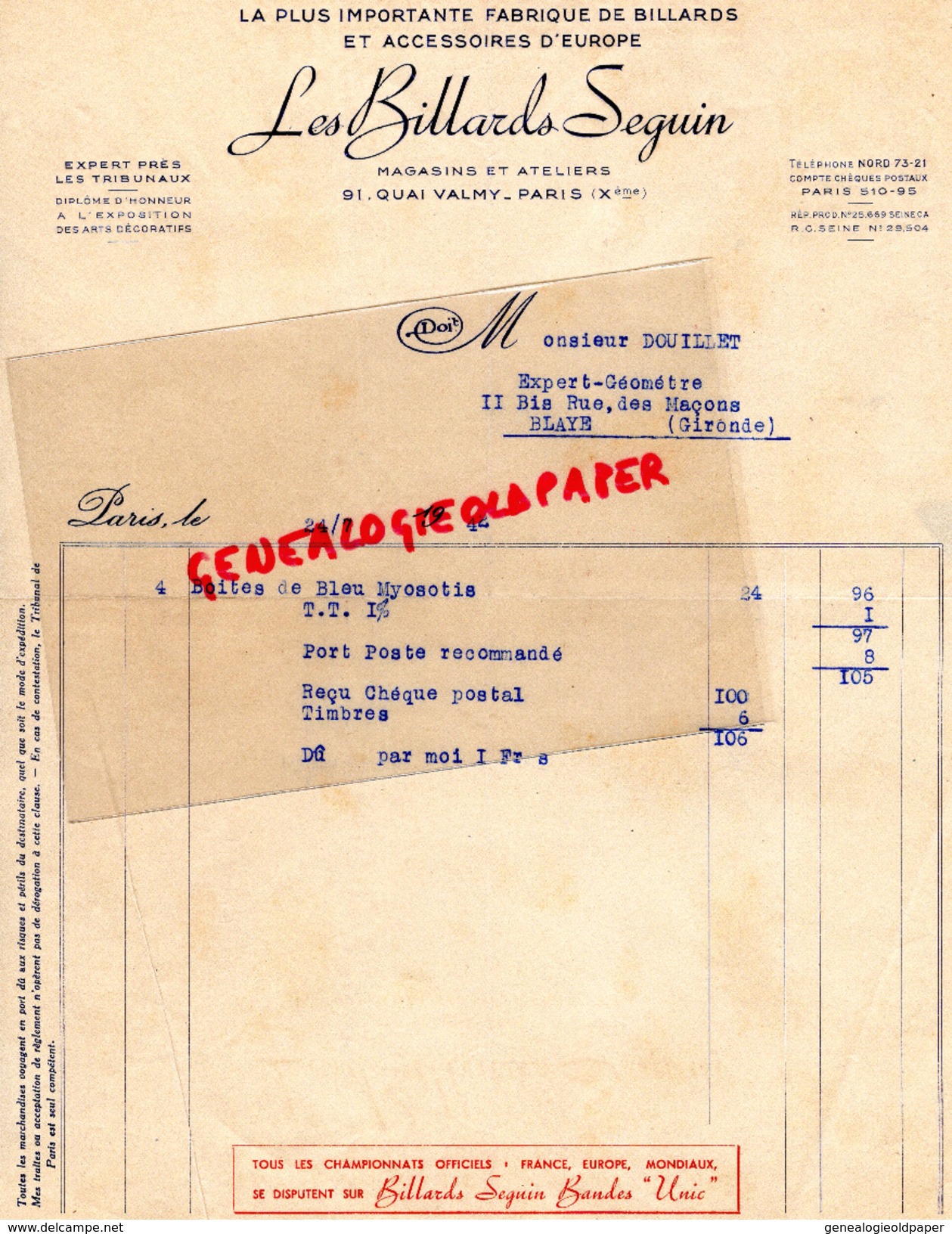 75- PARIS -FACTURE LES BILLARDS SEGUIN- BILLARD- 91 QUAI VALMY- 1942 A M. DOUILLET GEOMETRE A BLAYE- - 1950 - ...