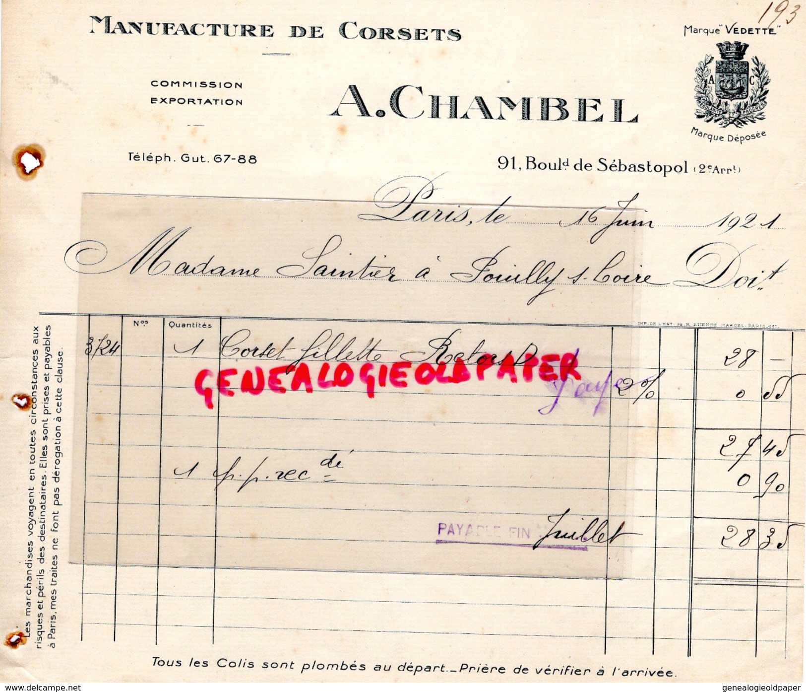 75- PARIS -FACTURE A. CHAMBEL- MANUFACTURE DE CORSETS- CORSET-  91 BD. SEBASTOPOL- 1921 LINGERIE - 1800 – 1899