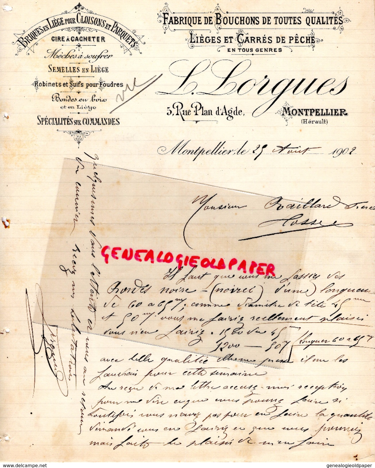 34 - MONTPELLIER- FACTURE L. LORGUES- FABRIQUE BOUCHONS LIEGES ET CARRES DE PECHE- 5 RUE PLAN D' AGDE- 1902 - 1900 – 1949