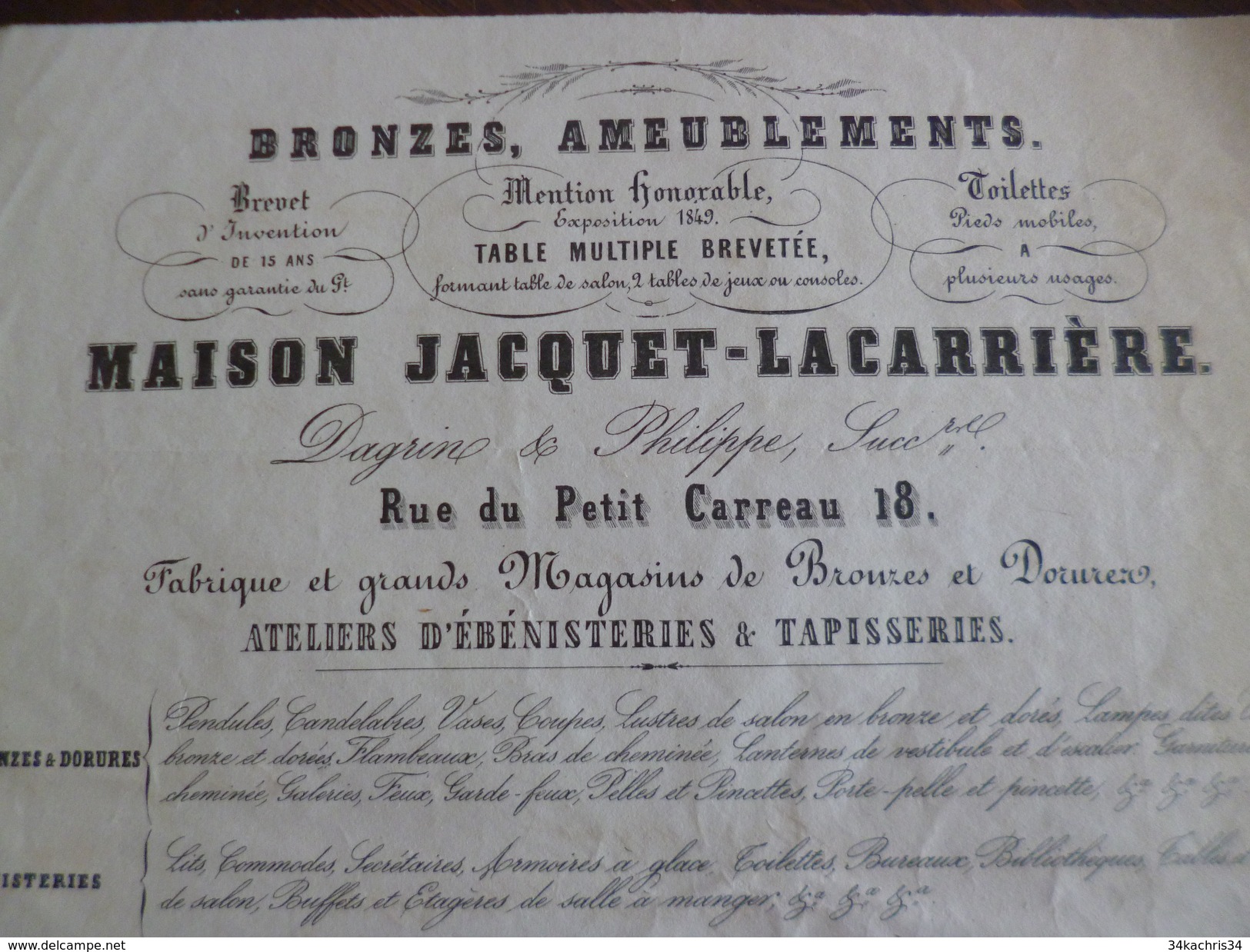 Facture 1850 Paris Maison Jacquet Lacardière 18 Rue Du Petit Carreau Bronze Ameublement ébénisterie Tapisserie - 1800 – 1899