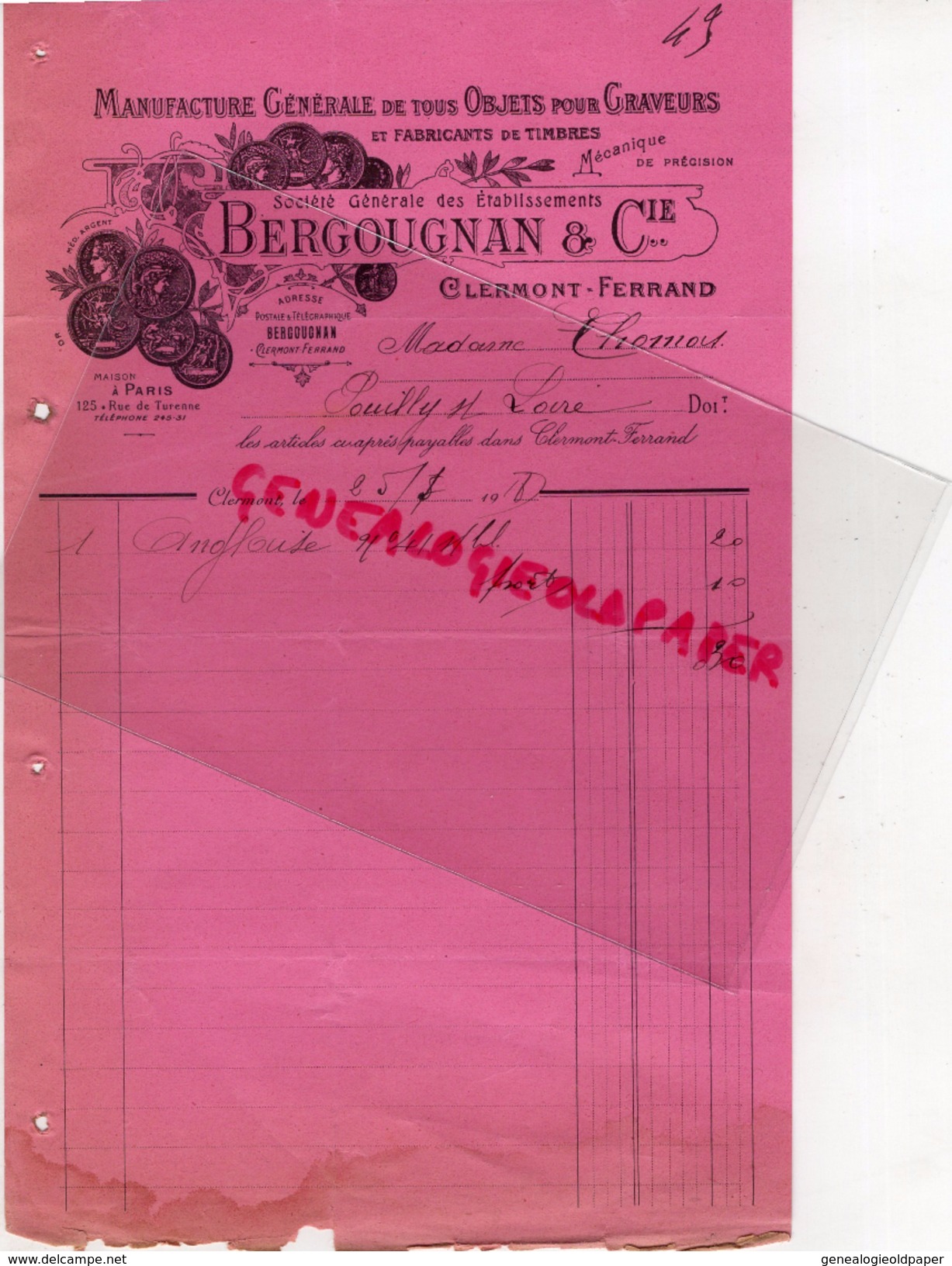 63 - CLERMONT FERRAND- FACTURE BERGOUGNAN & CIE- MANUFACTURE GENERALE POUR GRAVEURS-GRAVEUR TIMBRES- 1918 - 1900 – 1949