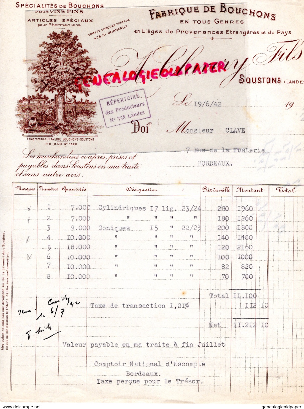 40 -  SOUSTONS - BELLE FACTURE A. CLAVERY FILS- FABRIQUE BOUCHONS LIEGES-LIEGE- VINS FINS- BOUCHON- 1942 - Petits Métiers