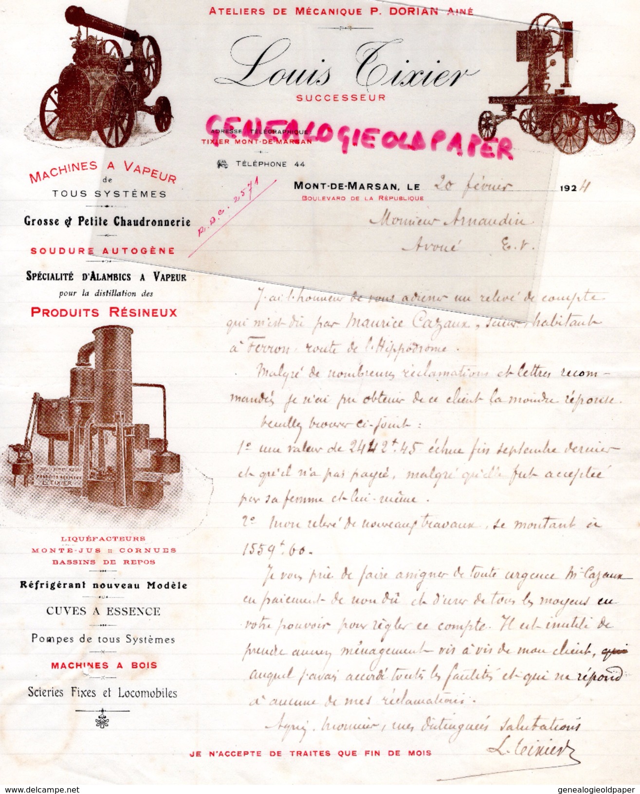 40- MONT DE MARSAN-BELLE FACTURE LOUIS TIXIER- P. DORIAN-MACHINES A VAPEUR-CHAUDRONNERIE-SOUDURE AUTOGNE- ALAMBIC VAPEUR - Petits Métiers