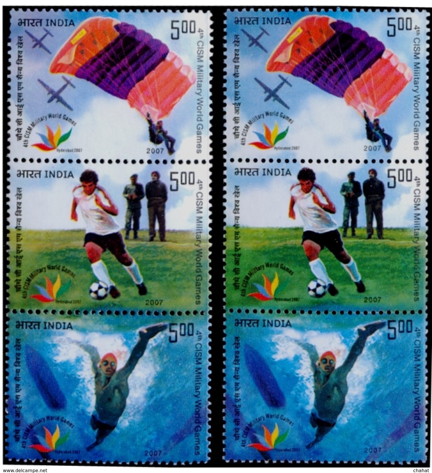 SPORTS-PARAGLIDING-SOCCER-SWIMMING-MILITARY GAMES-ERROR-2 X SE-TENANT PAIRS-INDIA-MNH-H1-249 - Variétés Et Curiosités